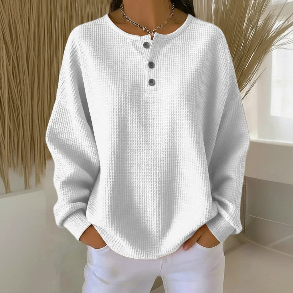 Damen-Henley-Sweatshirt mit Waffelstruktur, Knopfleiste und überschnittenen Schultern, Ansicht 6