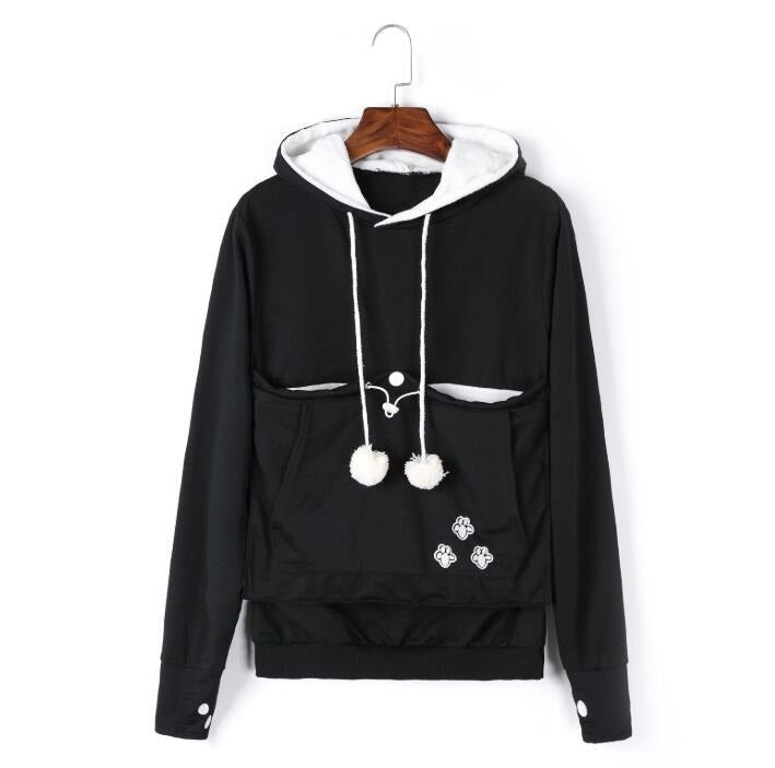 Damen-Hoodie mit Katzentasche, Kapuze und Kordelzug mit Pompons in Schwarz
