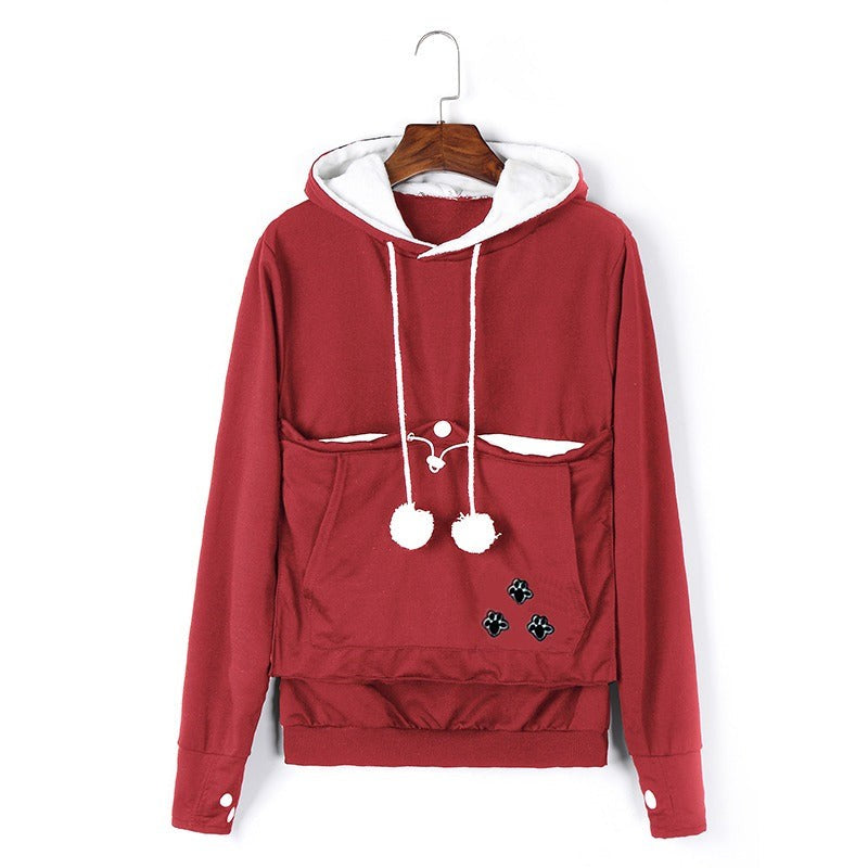 Damen-Hoodie mit Katzentasche, Kapuze und Kordelzug mit Pompons in Rot