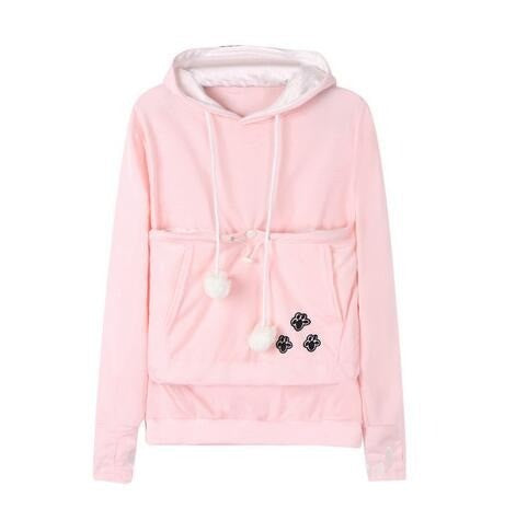Damen-Hoodie mit Katzentasche, Kapuze und Kordelzug mit Pompons in Pink