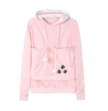 Damen-Hoodie mit Katzentasche, Kapuze und Kordelzug mit Pompons in Pink