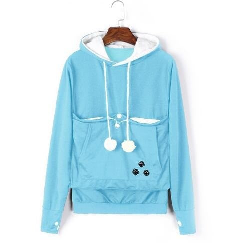 Damen-Hoodie mit Katzentasche, Kapuze und Kordelzug mit Pompons in Blau