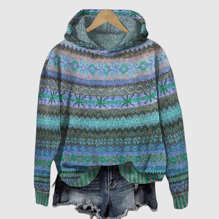 Damen-Hoodie mit Norwegermuster-Print, Kapuze und überschnittenen Schultern, Ansicht 7