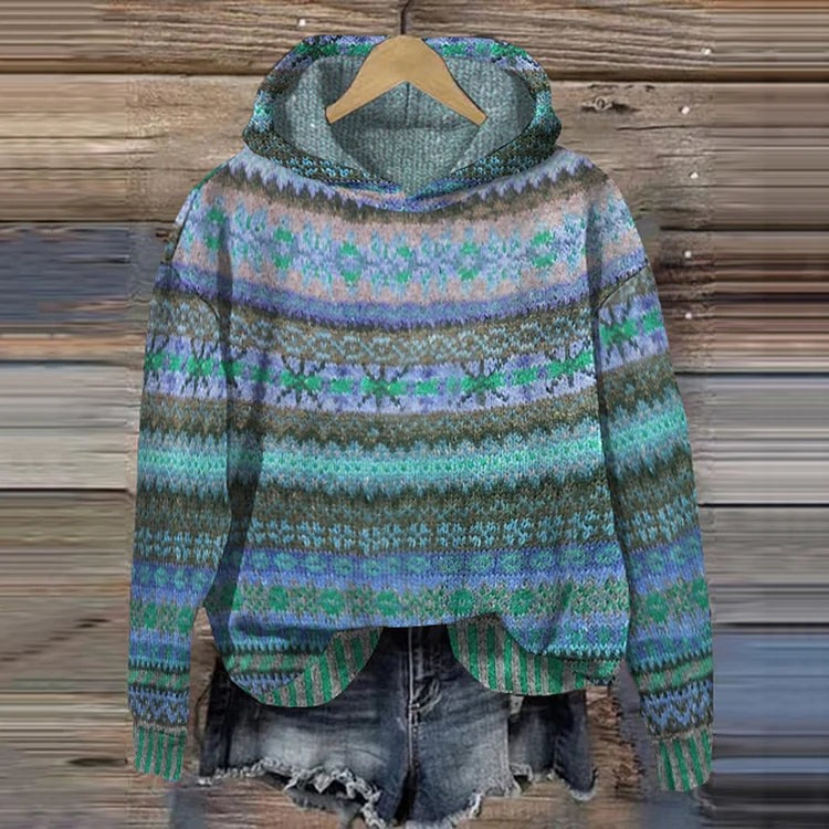Damen-Hoodie mit Norwegermuster-Print, Kapuze und überschnittenen Schultern in Blau
