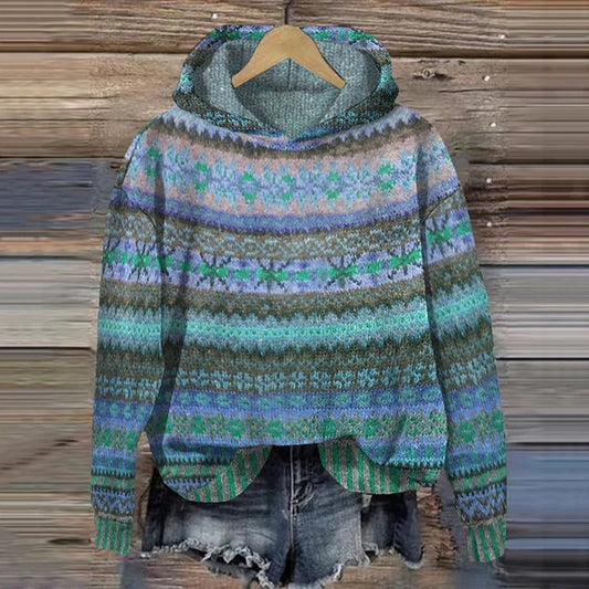 Damen-Hoodie mit Norwegermuster-Print, Kapuze und überschnittenen Schultern in Blau