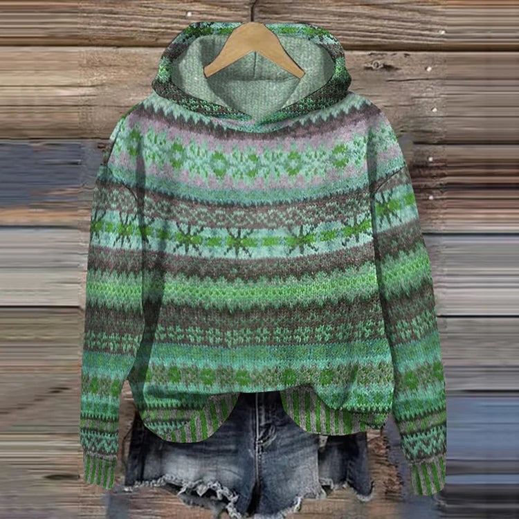 Damen-Hoodie mit Norwegermuster-Print, Kapuze und überschnittenen Schultern in Grün