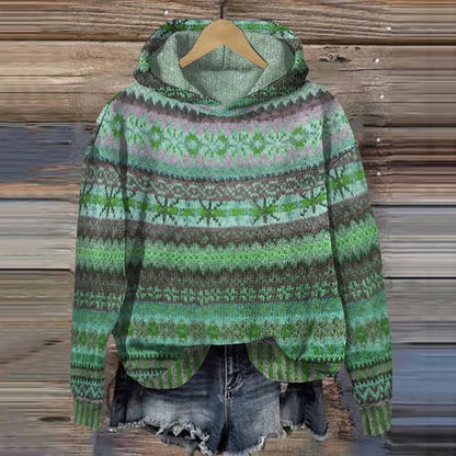 Damen-Hoodie mit Norwegermuster-Print, Kapuze und überschnittenen Schultern in Grün