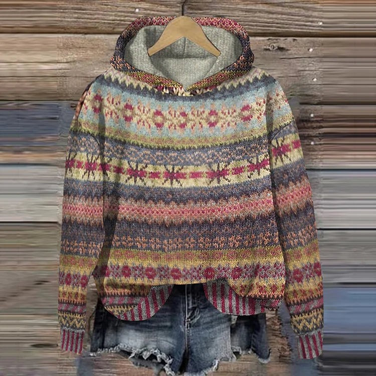 Damen-Hoodie mit Norwegermuster-Print, Kapuze und überschnittenen Schultern in Rosa