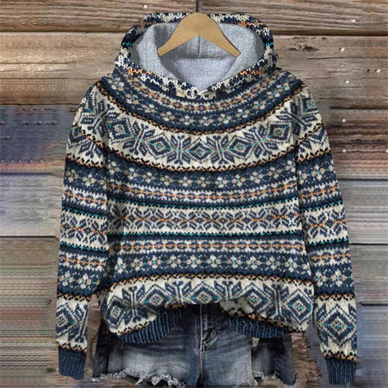 Damen-Hoodie mit Norwegermuster-Print, Kapuze und überschnittenen Schultern in Dunkelblau