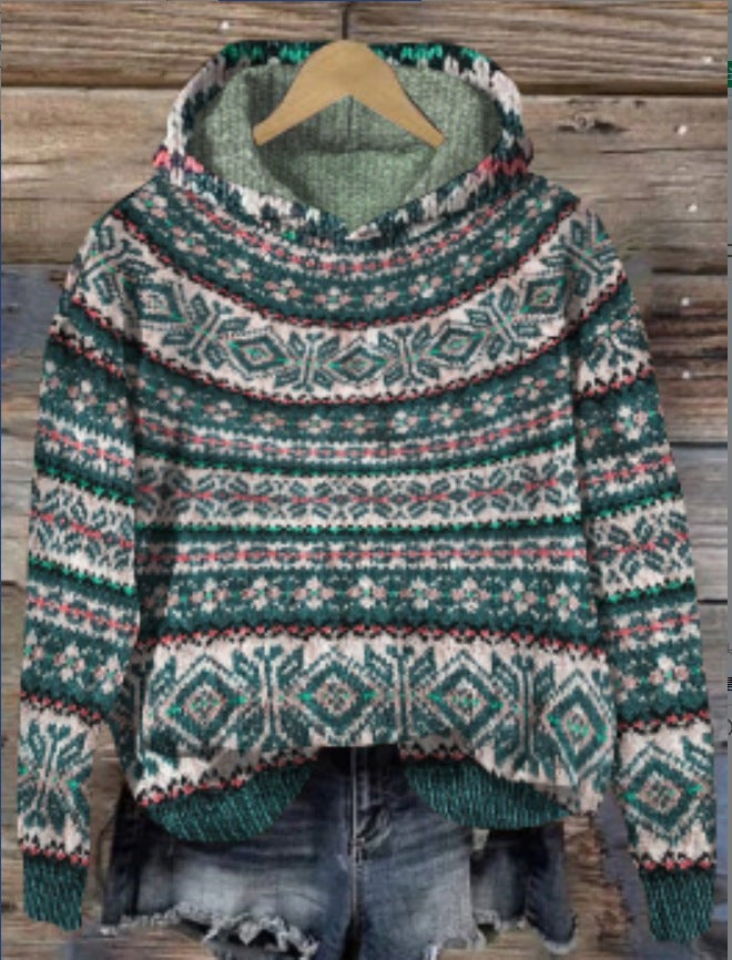Damen-Hoodie mit Norwegermuster-Print, Kapuze und überschnittenen Schultern in Dunkelgrün