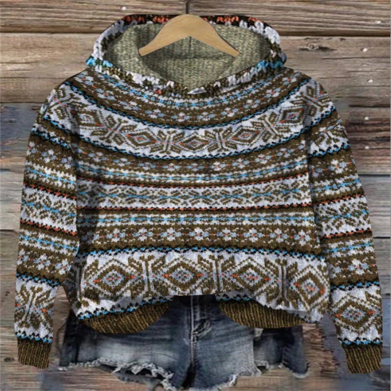 Damen-Hoodie mit Norwegermuster-Print, Kapuze und überschnittenen Schultern in Braun