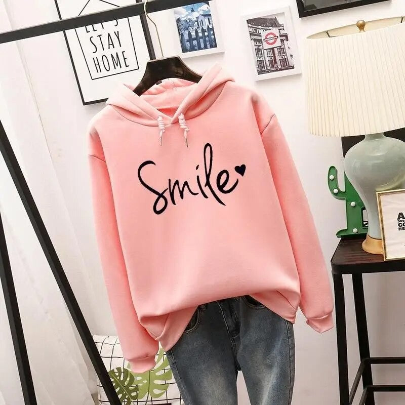 Damen-Hoodie mit Smile-Print, Kapuze mit Tunnelzug und Rippbündchen in Rosa