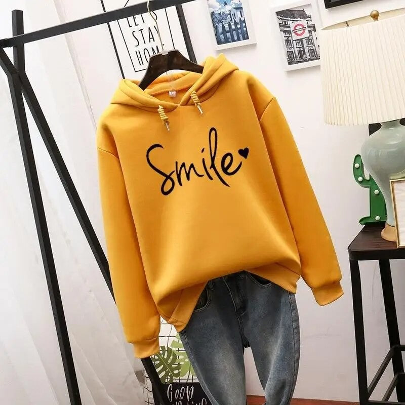 Damen-Hoodie mit Smile-Print, Kapuze mit Tunnelzug und Rippbündchen in Gelb