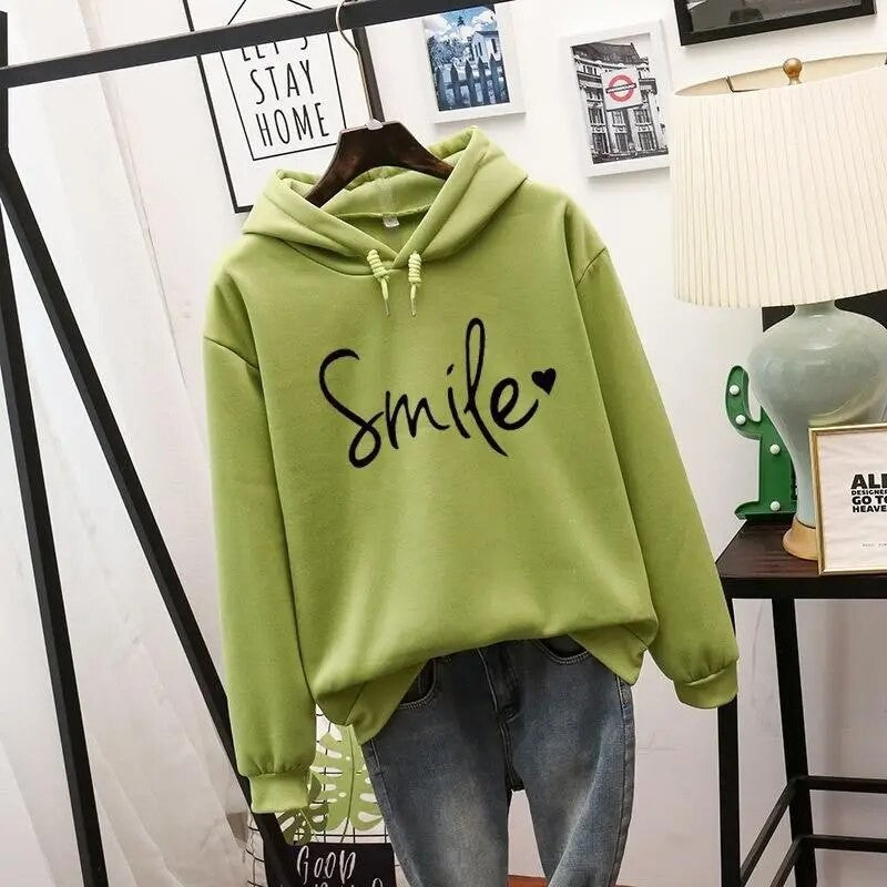 Damen-Hoodie mit Smile-Print, Kapuze mit Tunnelzug und Rippbündchen in Grün