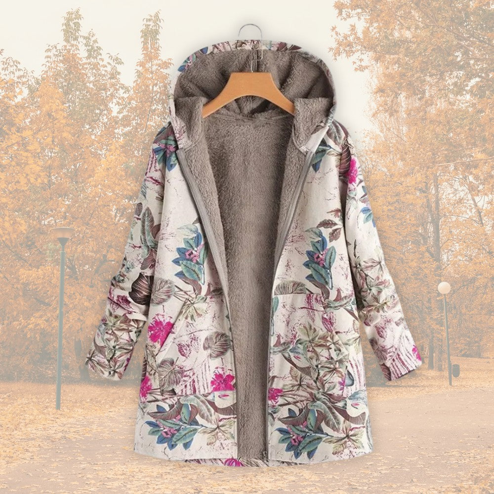 Damen-Jacke mit Blumenmuster, Plüschfutter, Kapuze und Reißverschluss, Ansicht 7