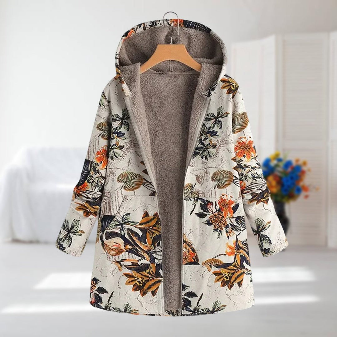 Damen-Jacke mit Blumenmuster, Plüschfutter, Kapuze und Reißverschluss in Beige