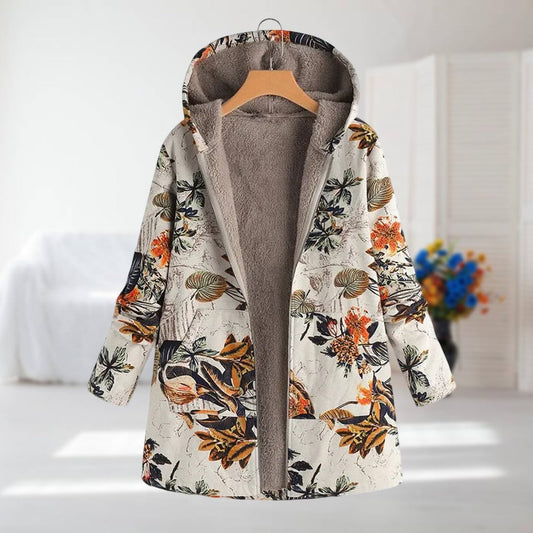 Damen-Jacke mit Blumenmuster, Plüschfutter, Kapuze und Reißverschluss in Beige