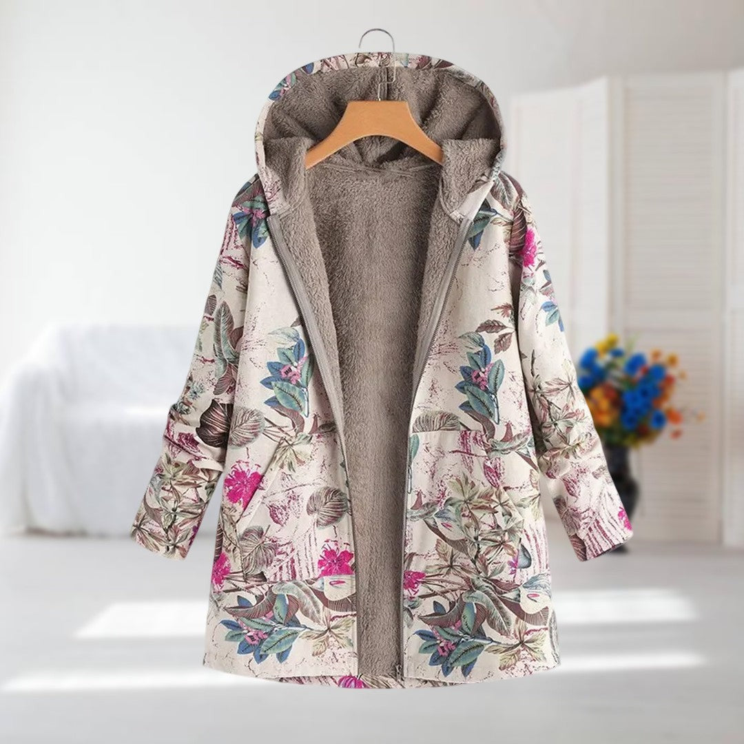 Damen-Jacke mit Blumenmuster, Plüschfutter, Kapuze und Reißverschluss in Pink