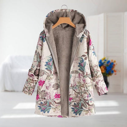 Damen-Jacke mit Blumenmuster, Plüschfutter, Kapuze und Reißverschluss in Pink