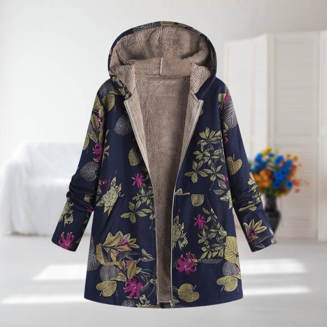 Damen-Jacke mit Blumenmuster, Plüschfutter, Kapuze und Reißverschluss in Dunkelblau