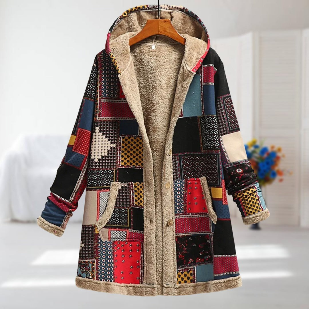 Damen-Jacke mit Blumenmuster, Plüschfutter, Kapuze und Reißverschluss in Rot