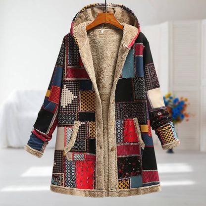 Damen-Jacke mit Blumenmuster, Plüschfutter, Kapuze und Reißverschluss in Rot