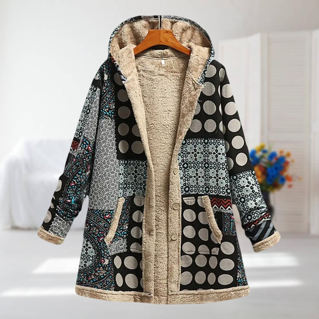Damen-Jacke mit Blumenmuster, Plüschfutter, Kapuze und Reißverschluss in Schwarz-Grau