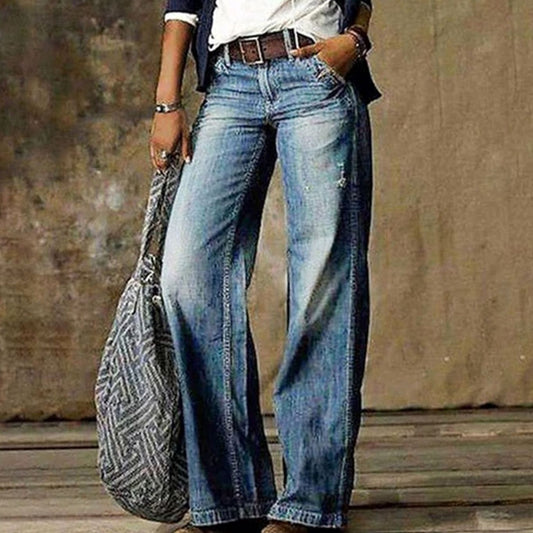 Damen-Jeans mit hohem Bund und weitem Bein in gewaschener Denim-Optik in Hellblau