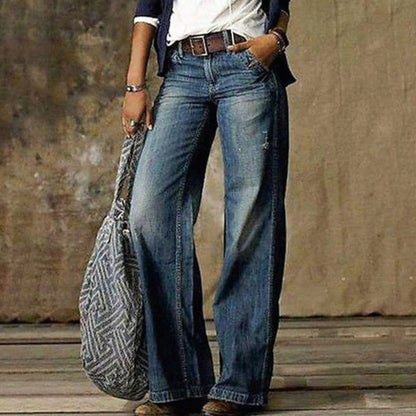 Damen-Jeans mit hohem Bund und weitem Bein in gewaschener Denim-Optik in Blau