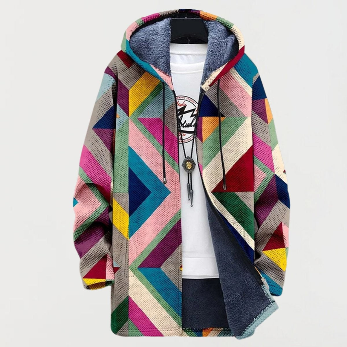 Damen-Kapuzenjacke mit geometrischem Muster, Fleecefutter und Reißverschluss in Mehrfarbig