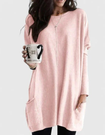 Damen-Longpullover in Tunikaform mit Rundhals und aufgesetzten Taschen in Pink
