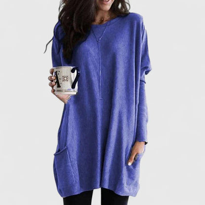 Damen-Longpullover in Tunikaform mit Rundhals und aufgesetzten Taschen in Blau