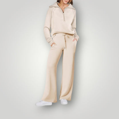 Damen-Loungewear-Set mit Half-Zip-Sweatshirt und weiter Hose mit Tunnelzug aus Stretch in Beige