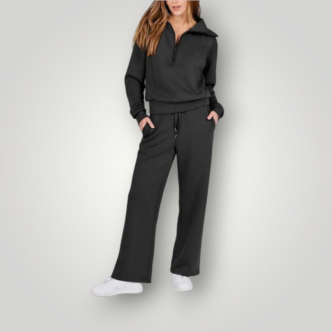 Damen-Loungewear-Set mit Half-Zip-Sweatshirt und weiter Hose mit Tunnelzug aus Stretch in Schwarz