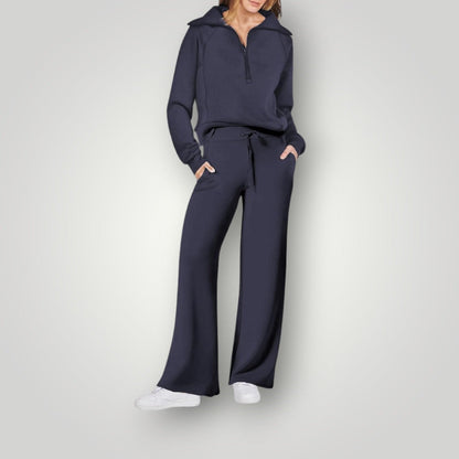 Damen-Loungewear-Set mit Half-Zip-Sweatshirt und weiter Hose mit Tunnelzug aus Stretch in Dunkelblau