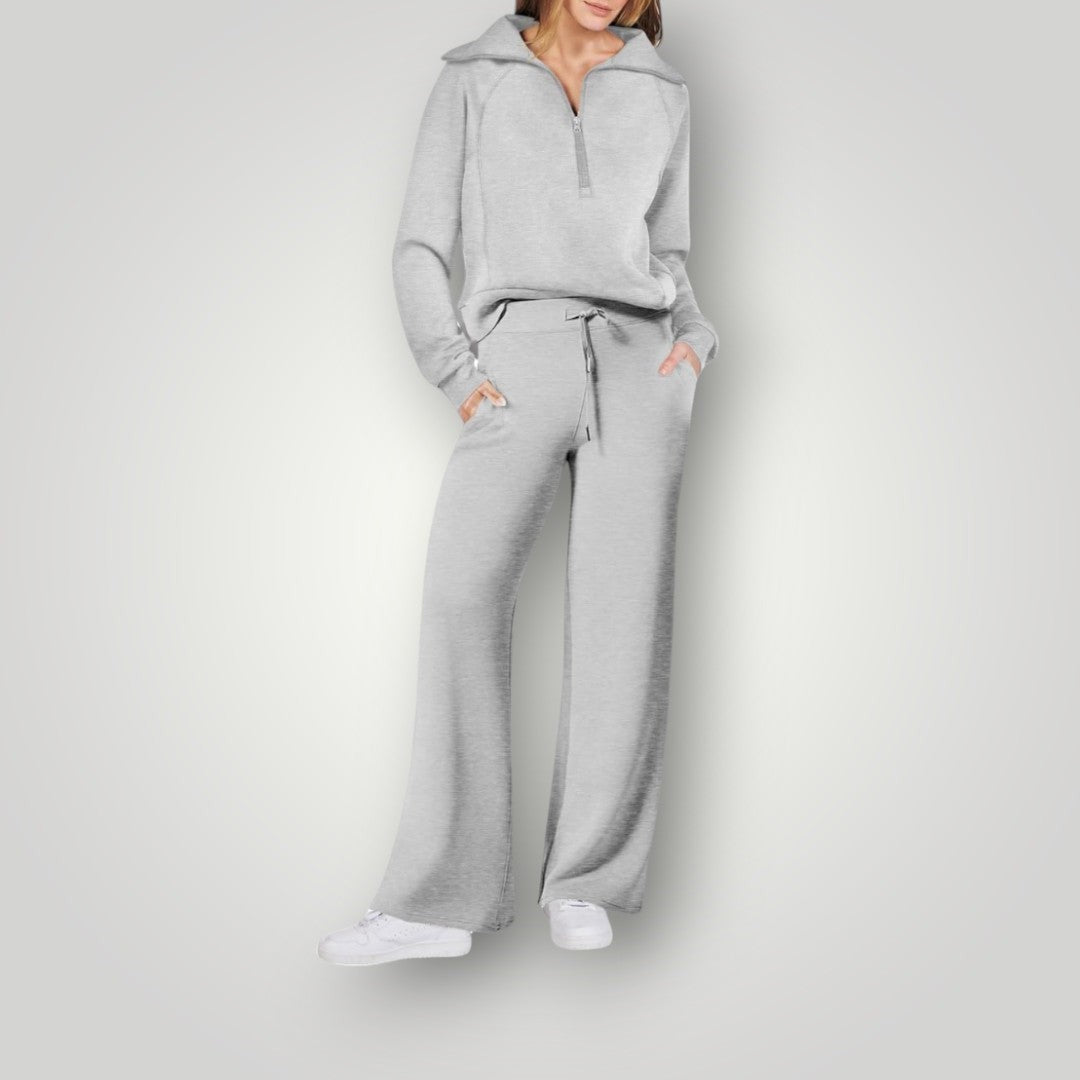 Damen-Loungewear-Set mit Half-Zip-Sweatshirt und weiter Hose mit Tunnelzug aus Stretch in Hellgrau