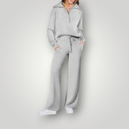 Damen-Loungewear-Set mit Half-Zip-Sweatshirt und weiter Hose mit Tunnelzug aus Stretch in Hellgrau