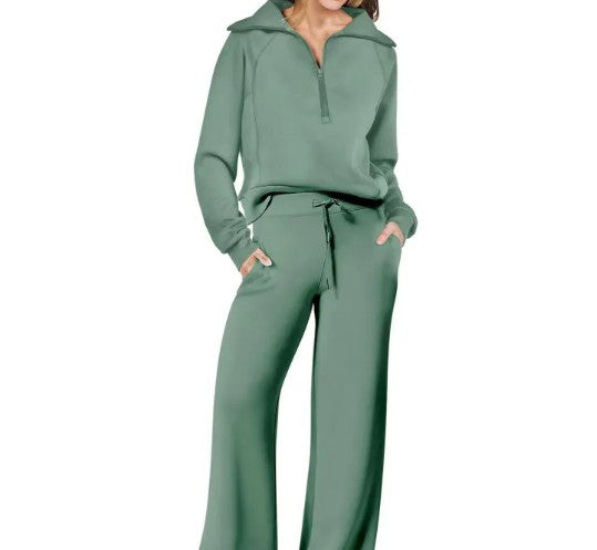 Damen-Loungewear-Set mit Half-Zip-Sweatshirt und weiter Hose mit Tunnelzug aus Stretch in Grün