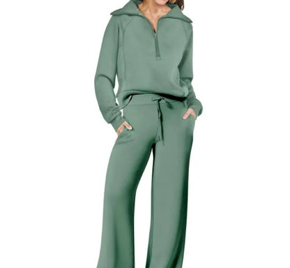 Damen-Loungewear-Set mit Half-Zip-Sweatshirt und weiter Hose mit Tunnelzug aus Stretch in Grün