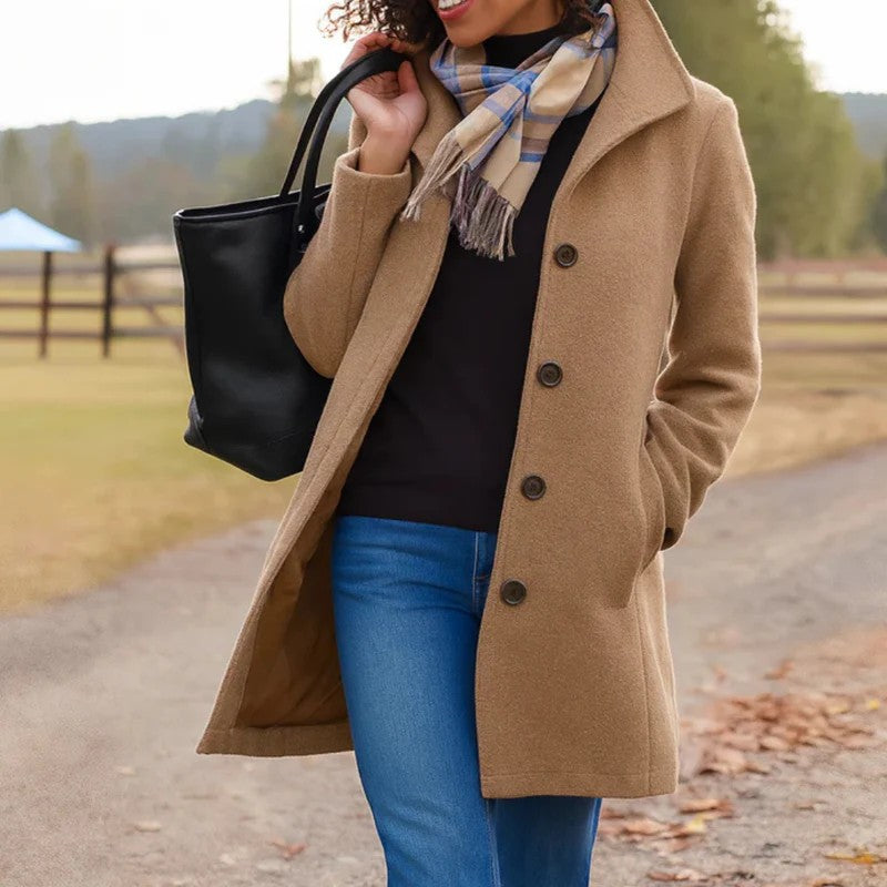 Damen-Mantel mit Stehkragen und durchgehender Knopfleiste für Lagenlooks im Winter in Khaki
