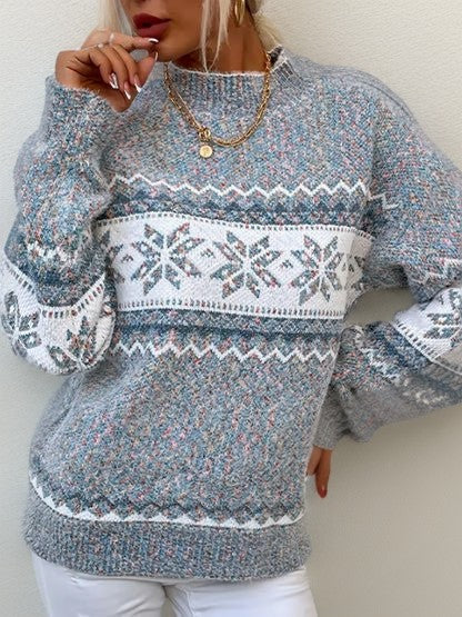 Damen-Norwegerpullover aus Wollmischung mit Schneeflockenmuster und Stehkragen für den Winter in Dunkelgrau