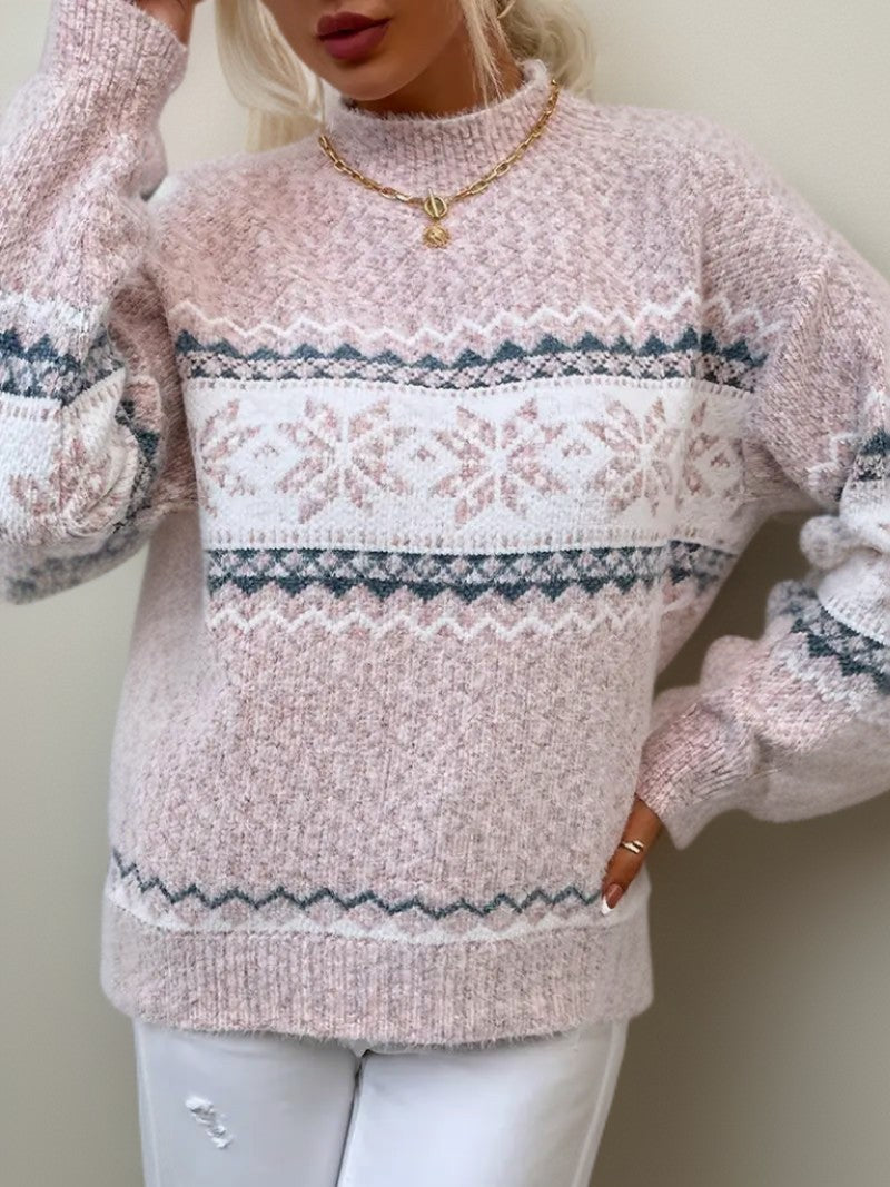 Damen-Norwegerpullover aus Wollmischung mit Schneeflockenmuster und Stehkragen für den Winter in Rosa