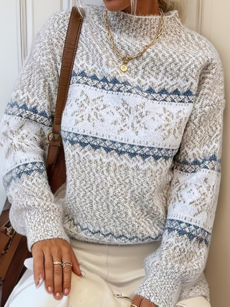 Damen-Norwegerpullover aus Wollmischung mit Schneeflockenmuster und Stehkragen für den Winter, Ansicht 5