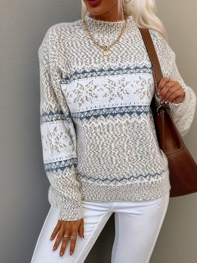 Damen-Norwegerpullover aus Wollmischung mit Schneeflockenmuster und Stehkragen für den Winter in Grau