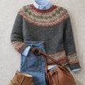 Damen-Norwegerpullover mit Fair-Isle-Passe, Rundhals und Rippbündchen