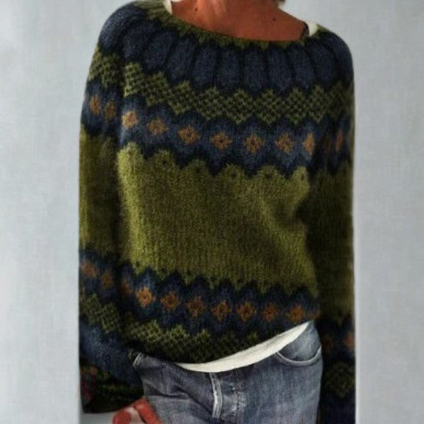 Damen-Norwegerpullover mit Rundhals und Jacquardmuster im Retro-Stil in Grün