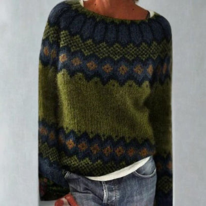 Damen-Norwegerpullover mit Rundhals und Jacquardmuster im Retro-Stil in Grün