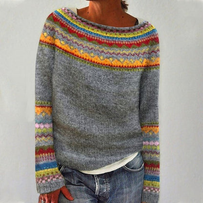 Damen-Norwegerpullover mit Rundhals und Jacquardmuster im Retro-Stil in Grau-Orange