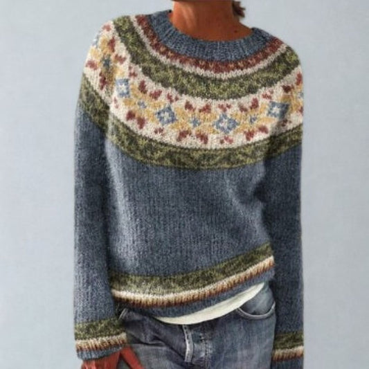 Damen-Norwegerpullover mit Rundhals und Jacquardmuster im Retro-Stil in Blau