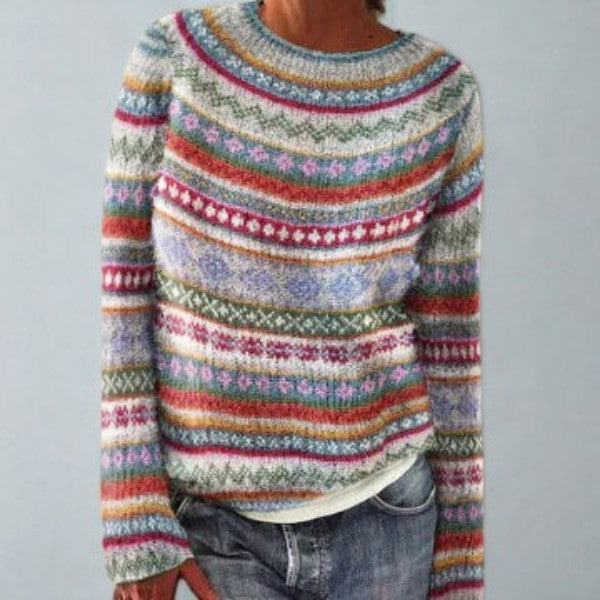 Damen-Norwegerpullover mit Rundhals und Jacquardmuster im Retro-Stil in Mehrfarbig